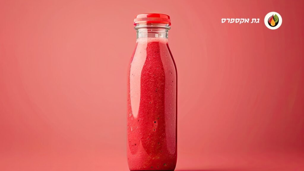 ניתן לראות בתמונה מיץ גת אדום בתוך בקבוק פלסטיק, והבקבוק מונח על שולחן עץ והרקע של התמונה הוא שחור לגמרי. כמו כן, בצד שמאל למעלה ממוקם לוגו אתר "גת אקספרס".